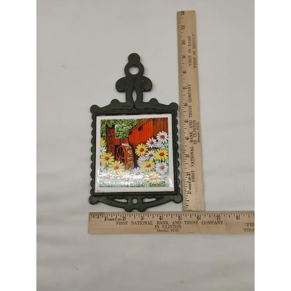 Vintage MCM Cherry Black Cast Iron Tile Trivet Water Wheel Daisies Retro Kitchen